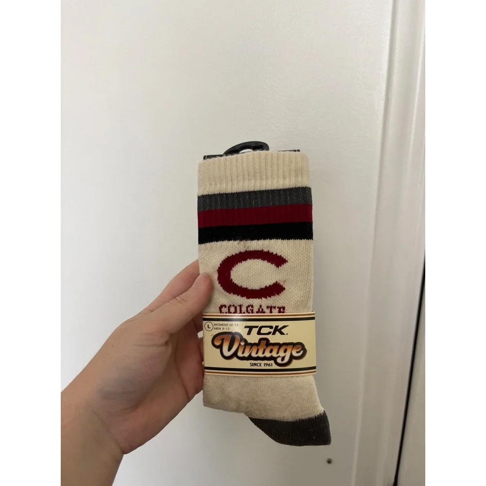 TCK Vintage Colgate Crew Socks – Cream w/ Maroon & Gray Stripes - Picture 1 of 2